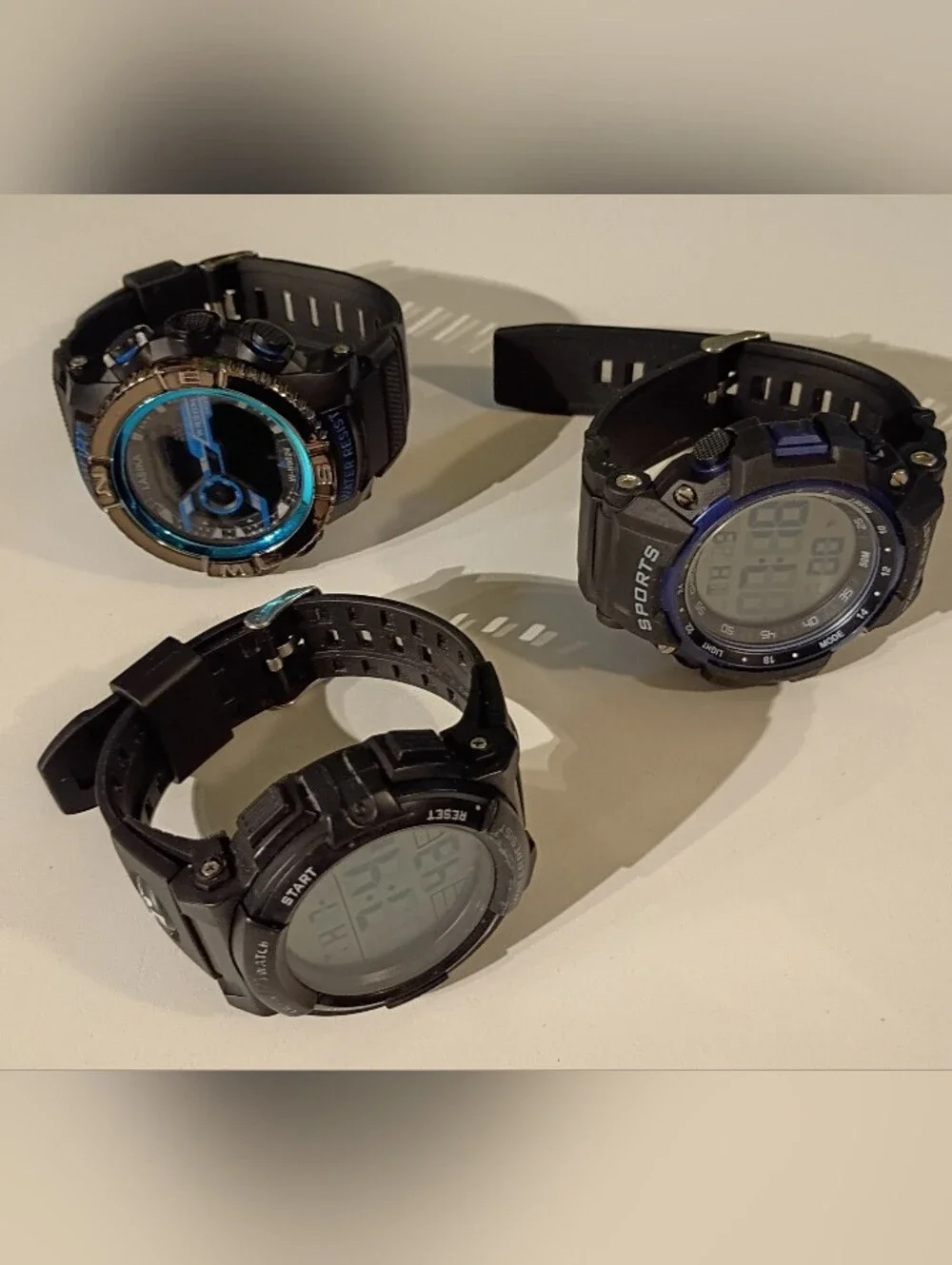 Three Black Digital Sport Watches with Blue Accents 6 Pcs